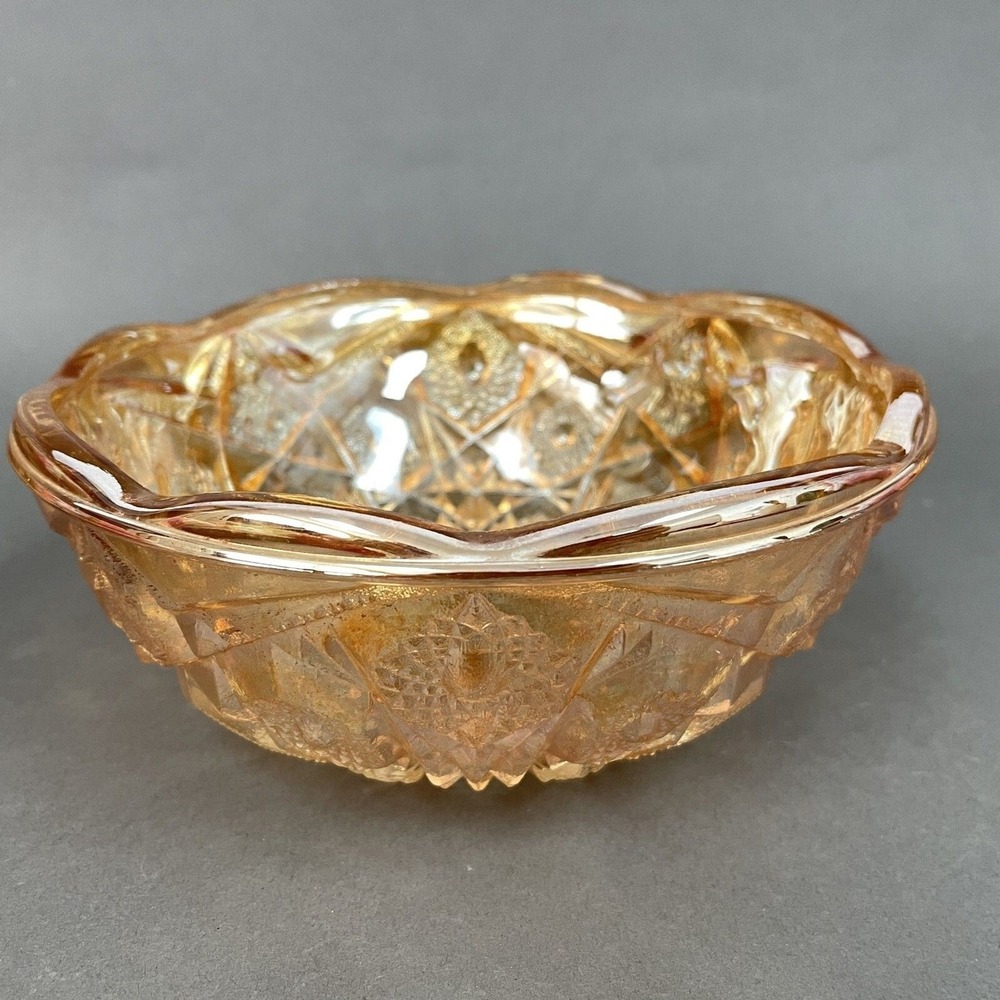 Vintage Carnival Glass Bowl Orange Marigold Hobstar Fentec Pattern 1960's 8 1/4"